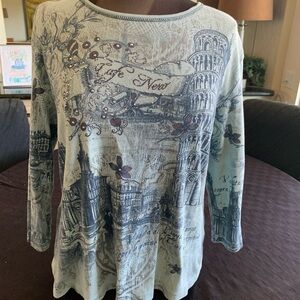 Scenic Print Long-Sleeve Women’s Top in Sage Green and blue, perfect for travel